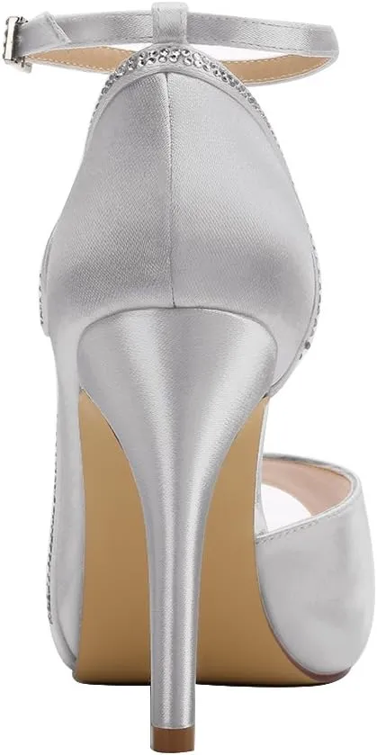 ERIJUNOR Women Peep Toe Side Open Rhinestones Comfortable Platform Satin Bridal Wedding Party Shoes