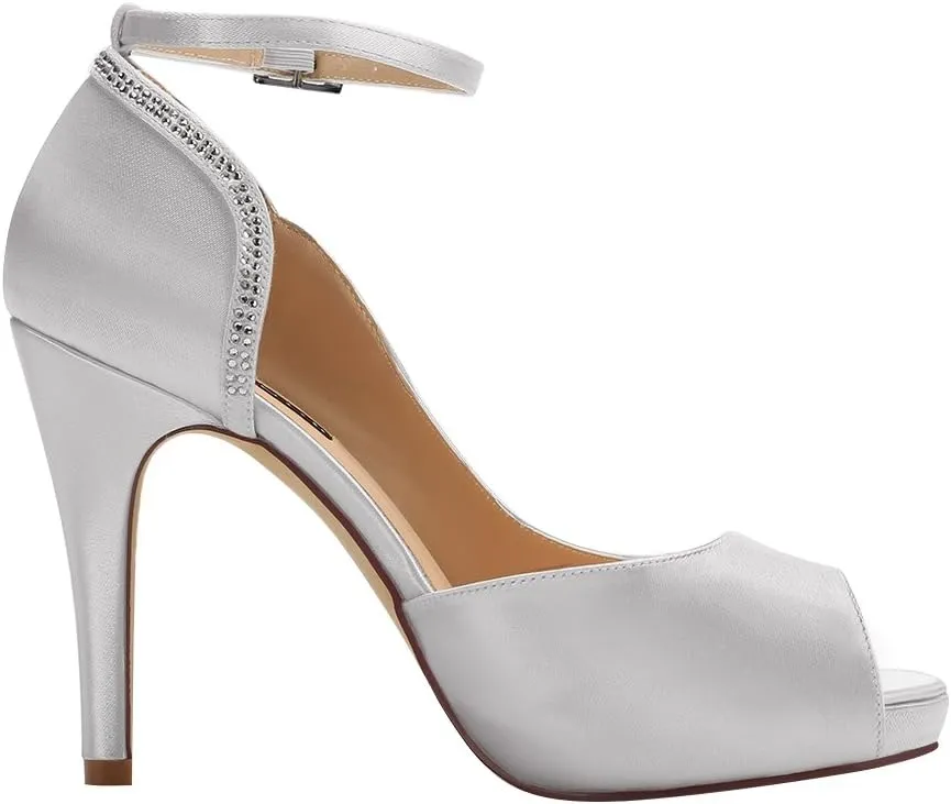 ERIJUNOR Women Peep Toe Side Open Rhinestones Comfortable Platform Satin Bridal Wedding Party Shoes