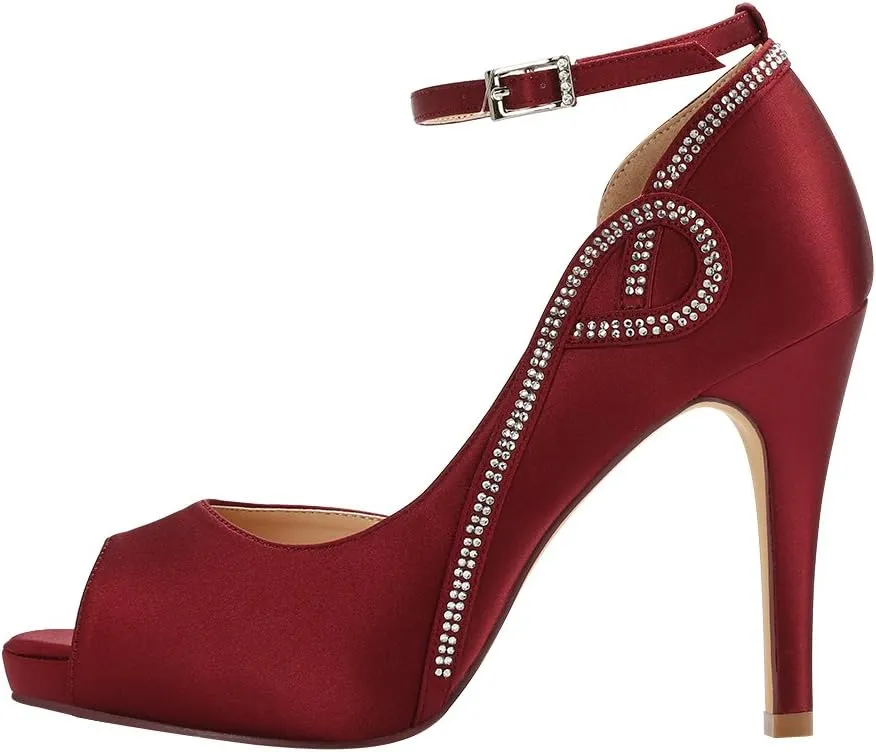 ERIJUNOR Women Peep Toe Side Open Rhinestones Comfortable Platform Satin Bridal Wedding Party Shoes