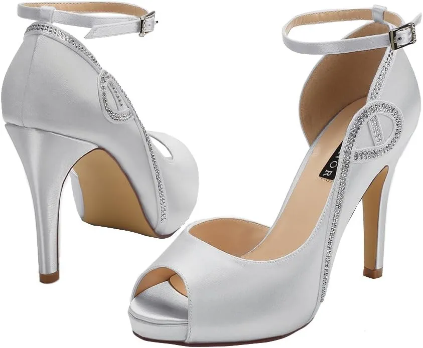 ERIJUNOR Women Peep Toe Side Open Rhinestones Comfortable Platform Satin Bridal Wedding Party Shoes