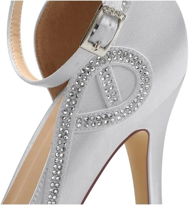 ERIJUNOR Women Peep Toe Side Open Rhinestones Comfortable Platform Satin Bridal Wedding Party Shoes