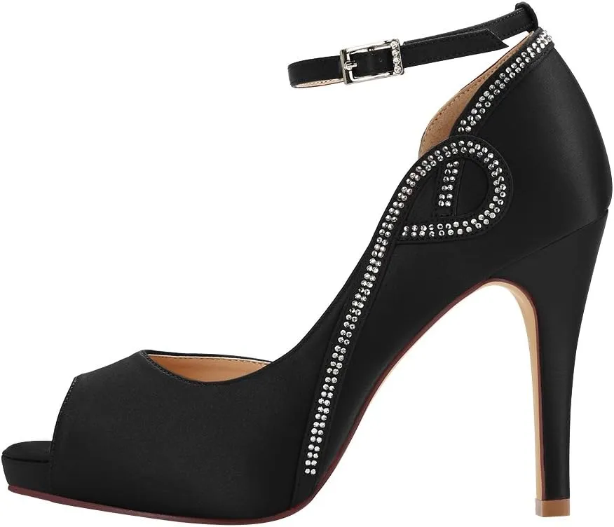 ERIJUNOR Women Peep Toe Side Open Rhinestones Comfortable Platform Satin Bridal Wedding Party Shoes