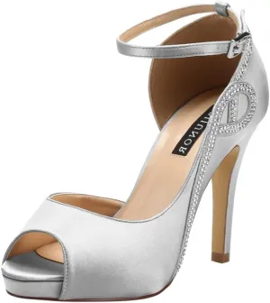 ERIJUNOR Women Peep Toe Side Open Rhinestones Comfortable Platform Satin Bridal Wedding Party Shoes