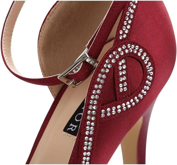 ERIJUNOR Women Peep Toe Side Open Rhinestones Comfortable Platform Satin Bridal Wedding Party Shoes