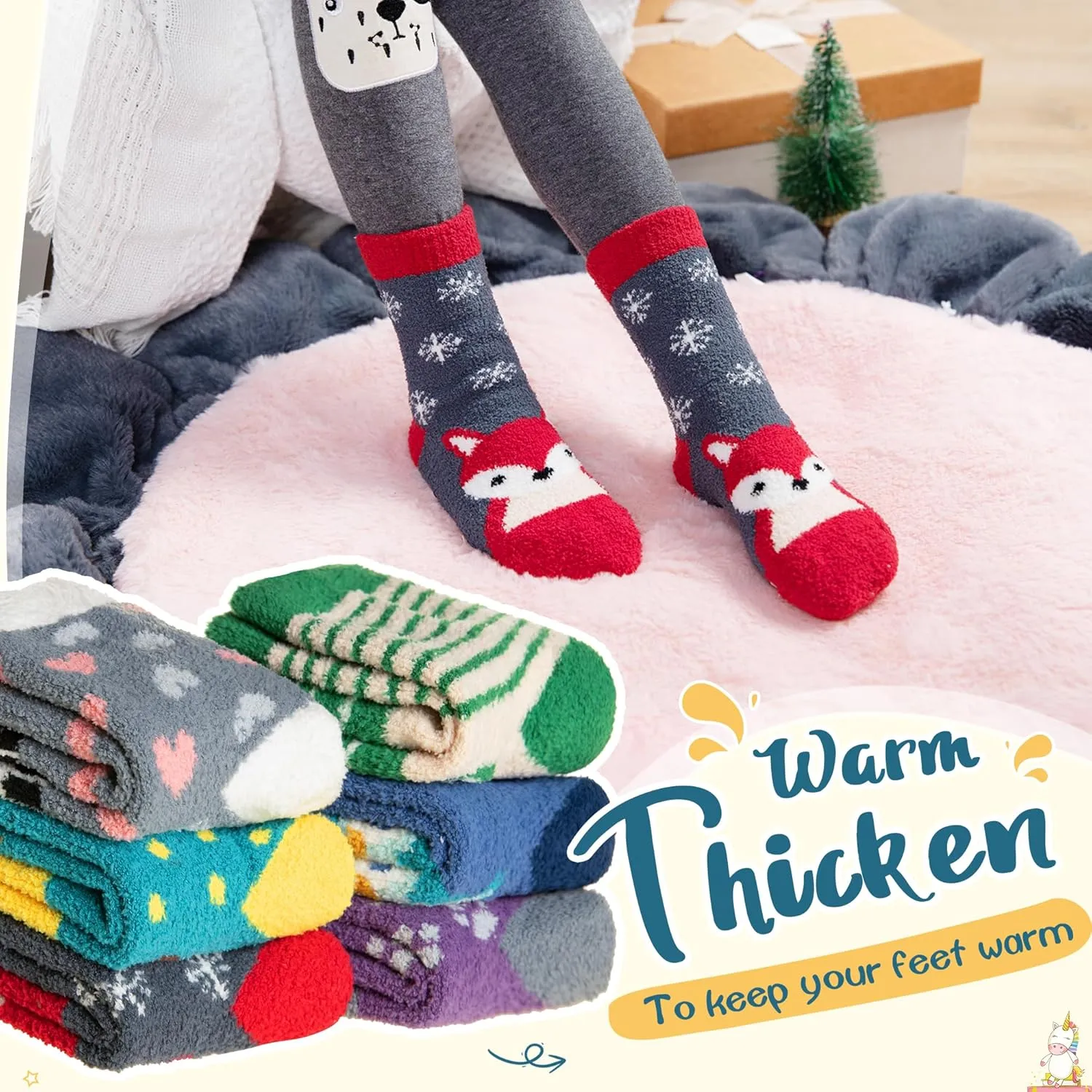 Eyean Kids Fuzzy Socks Non Slip Soft Fluffy Slipper Grips Socks Warm Plush Cozy Cabin Boy Girls Crew Socks 6 Pairs