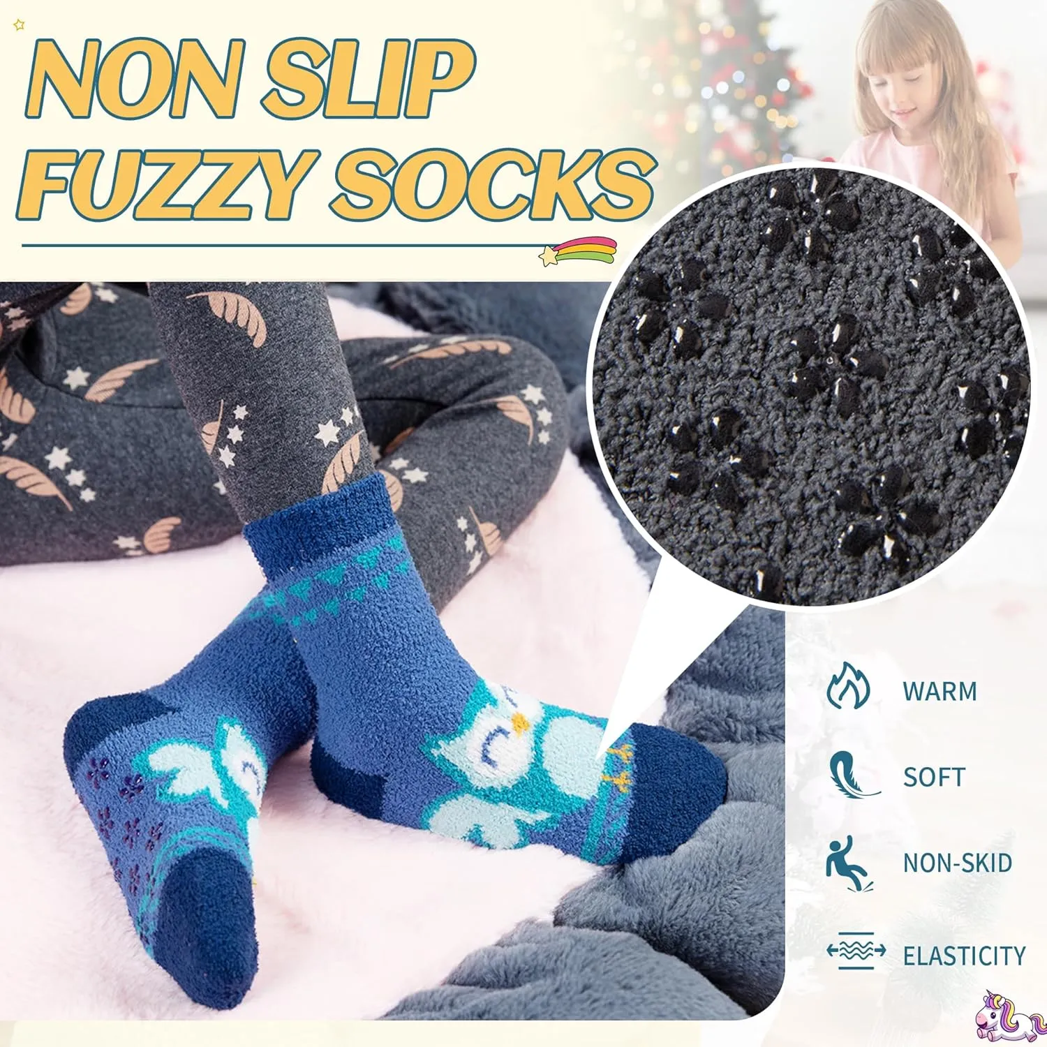 Eyean Kids Fuzzy Socks Non Slip Soft Fluffy Slipper Grips Socks Warm Plush Cozy Cabin Boy Girls Crew Socks 6 Pairs