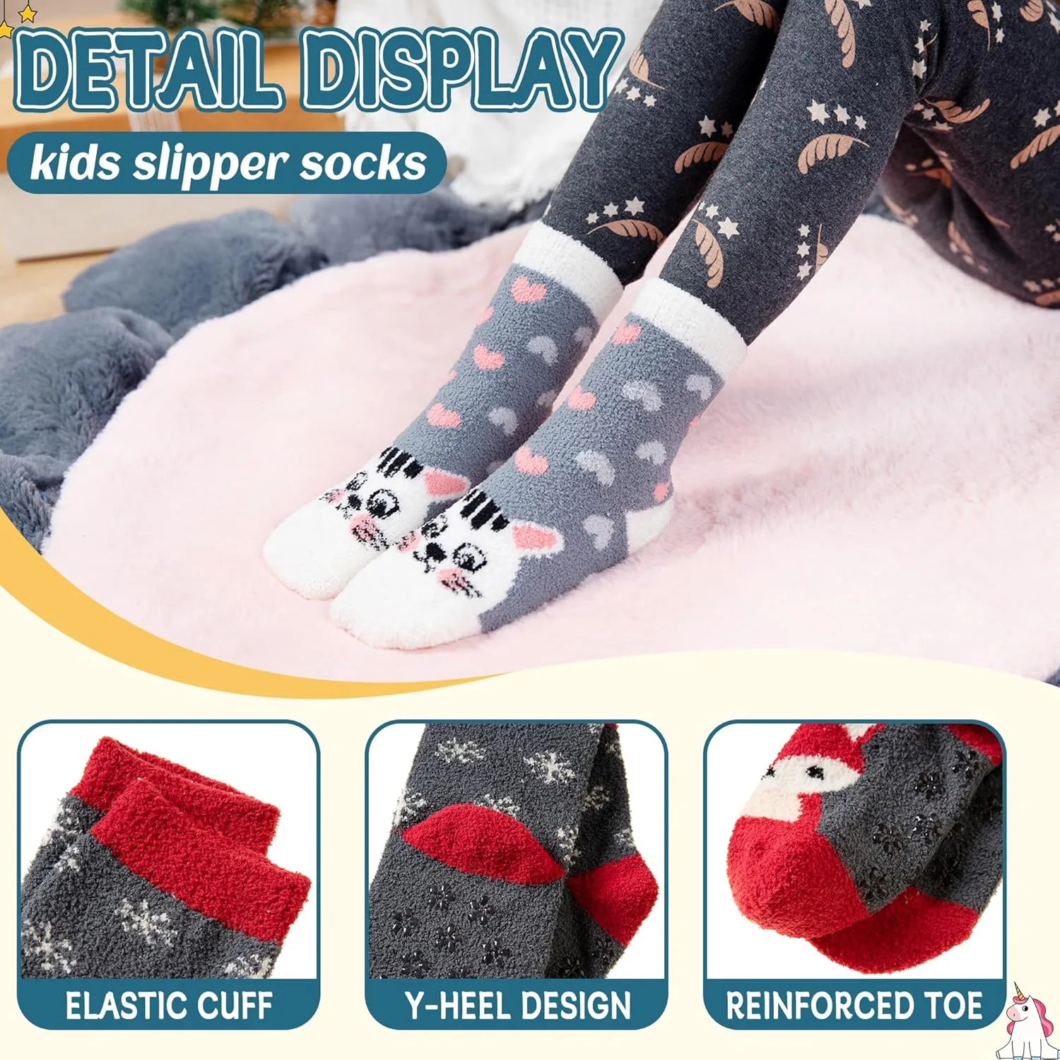 Eyean Kids Fuzzy Socks Non Slip Soft Fluffy Slipper Grips Socks Warm Plush Cozy Cabin Boy Girls Crew Socks 6 Pairs