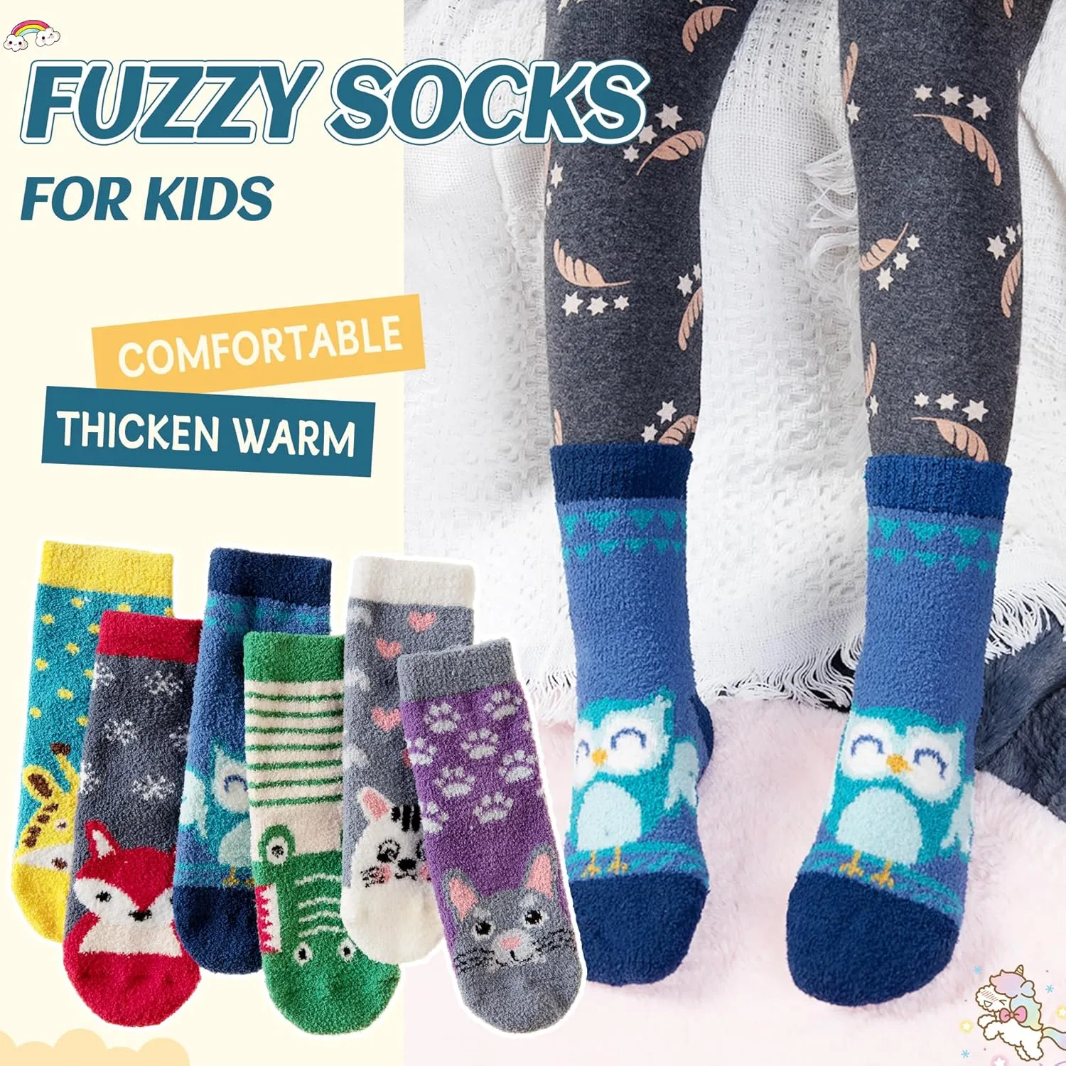 Eyean Kids Fuzzy Socks Non Slip Soft Fluffy Slipper Grips Socks Warm Plush Cozy Cabin Boy Girls Crew Socks 6 Pairs