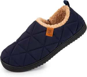 FamilyFairy Mens Warm Slippers Quilted Nylon Memory Foam House Shoes Indoor Outdoor with Non-Slip Sole
