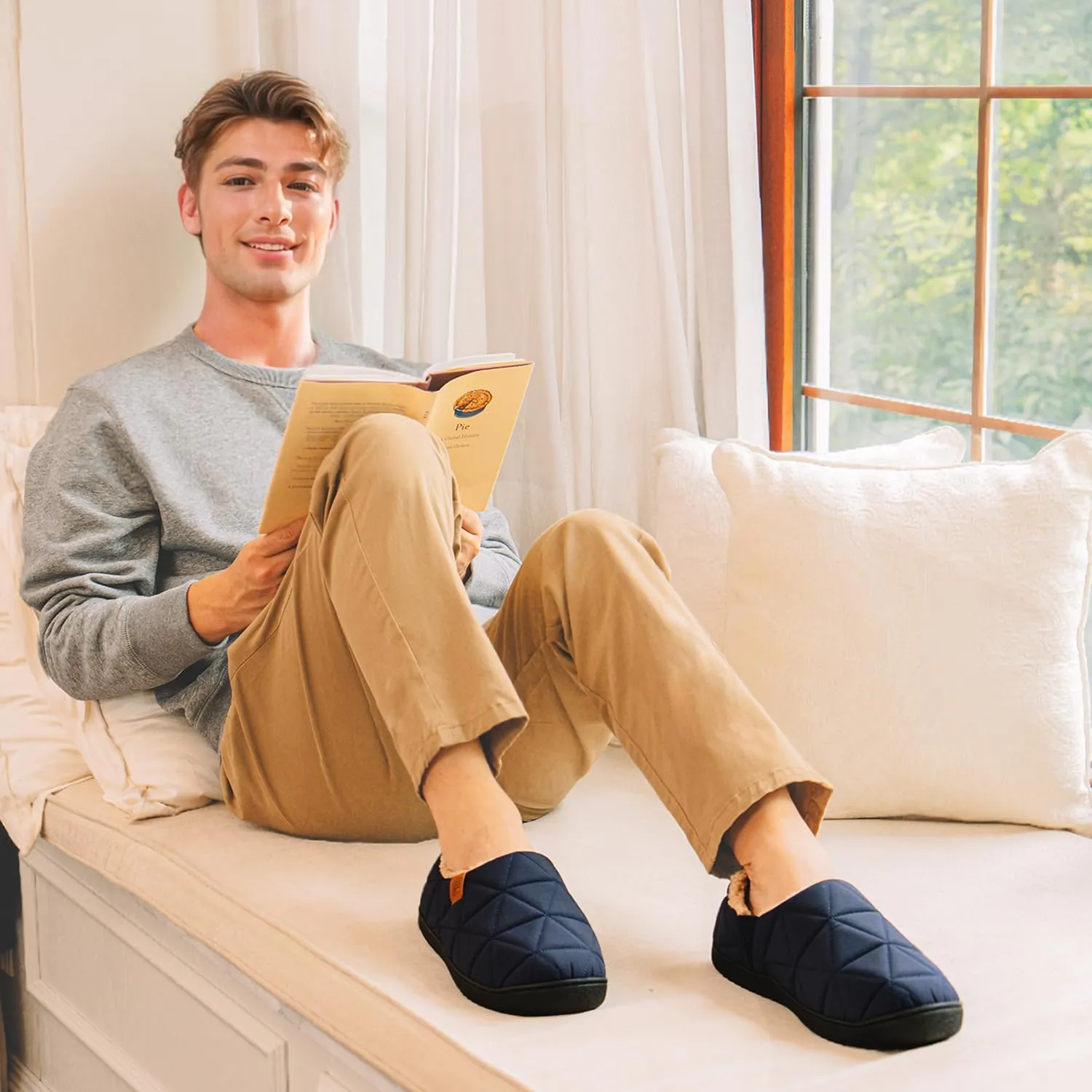 FamilyFairy Mens Warm Slippers Quilted Nylon Memory Foam House Shoes Indoor Outdoor with Non-Slip Sole