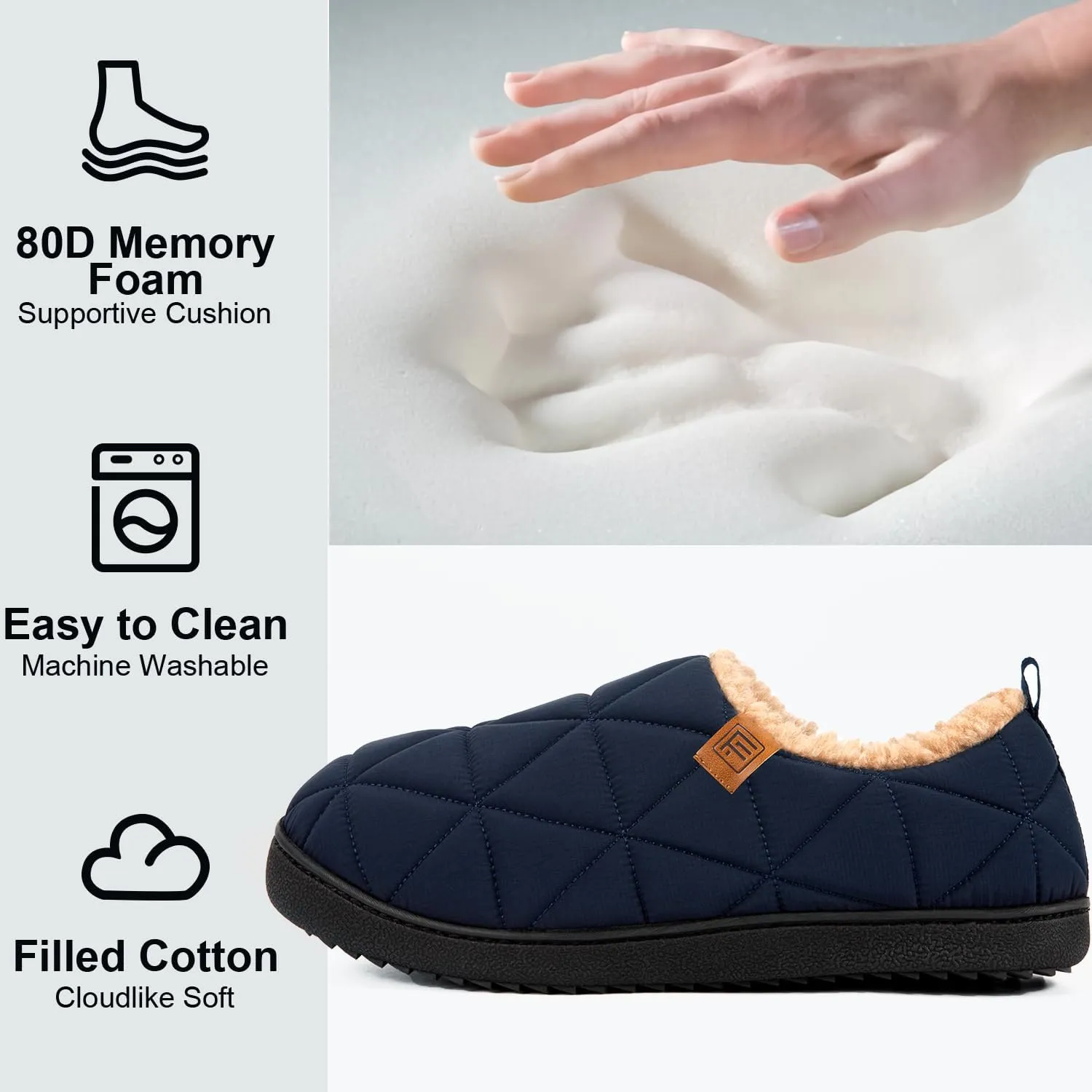 FamilyFairy Mens Warm Slippers Quilted Nylon Memory Foam House Shoes Indoor Outdoor with Non-Slip Sole