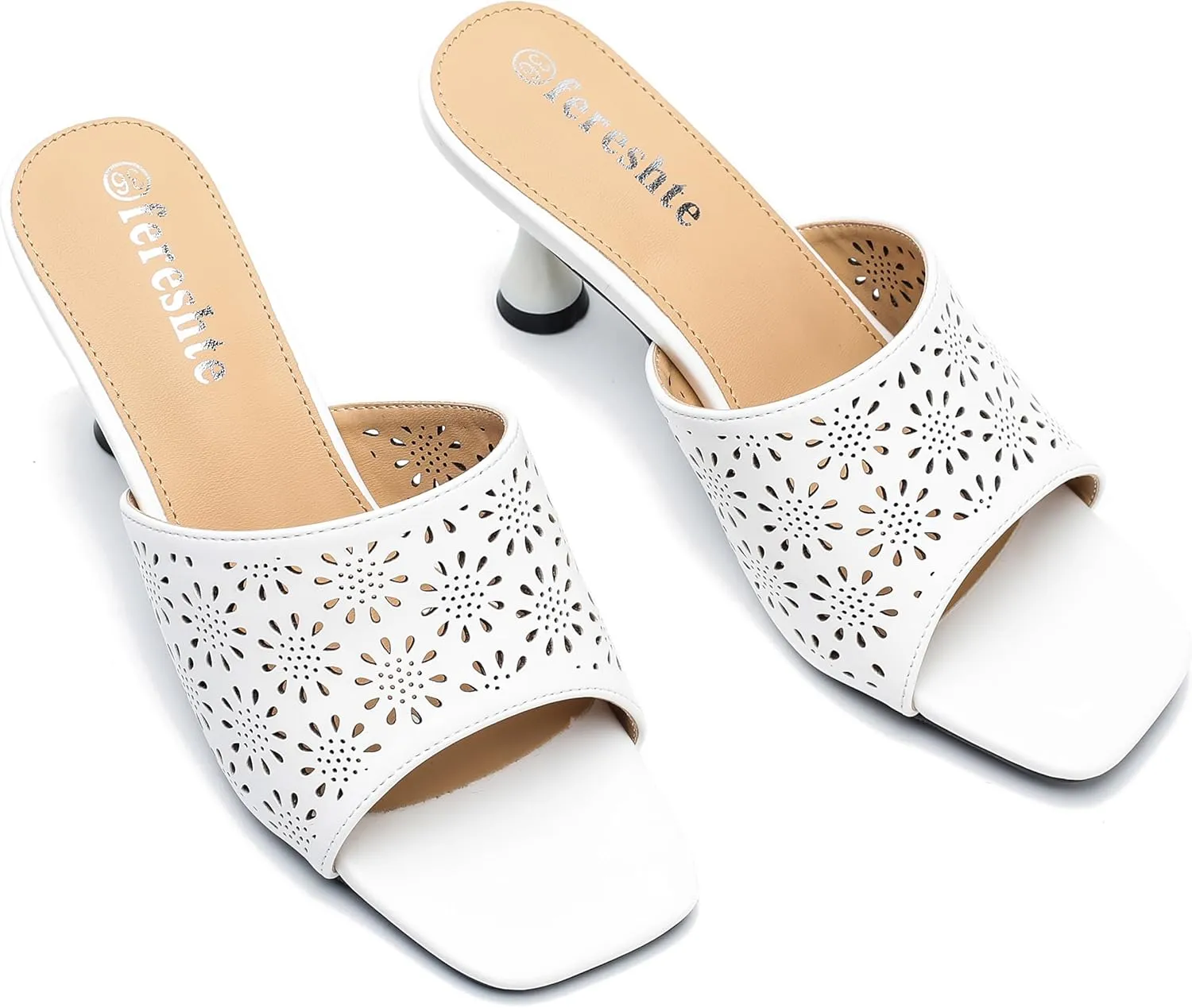 fereshte Womens Hollow Out Flower Sandals Slip On Sandals Square Toe Kitten Heeled Mules