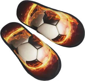 Fire Soccer Ball Women's Fuzzy Slippers Slip-on Slipper Soft Comfy Bedroom Slippers Non-slip House Shoes Medium