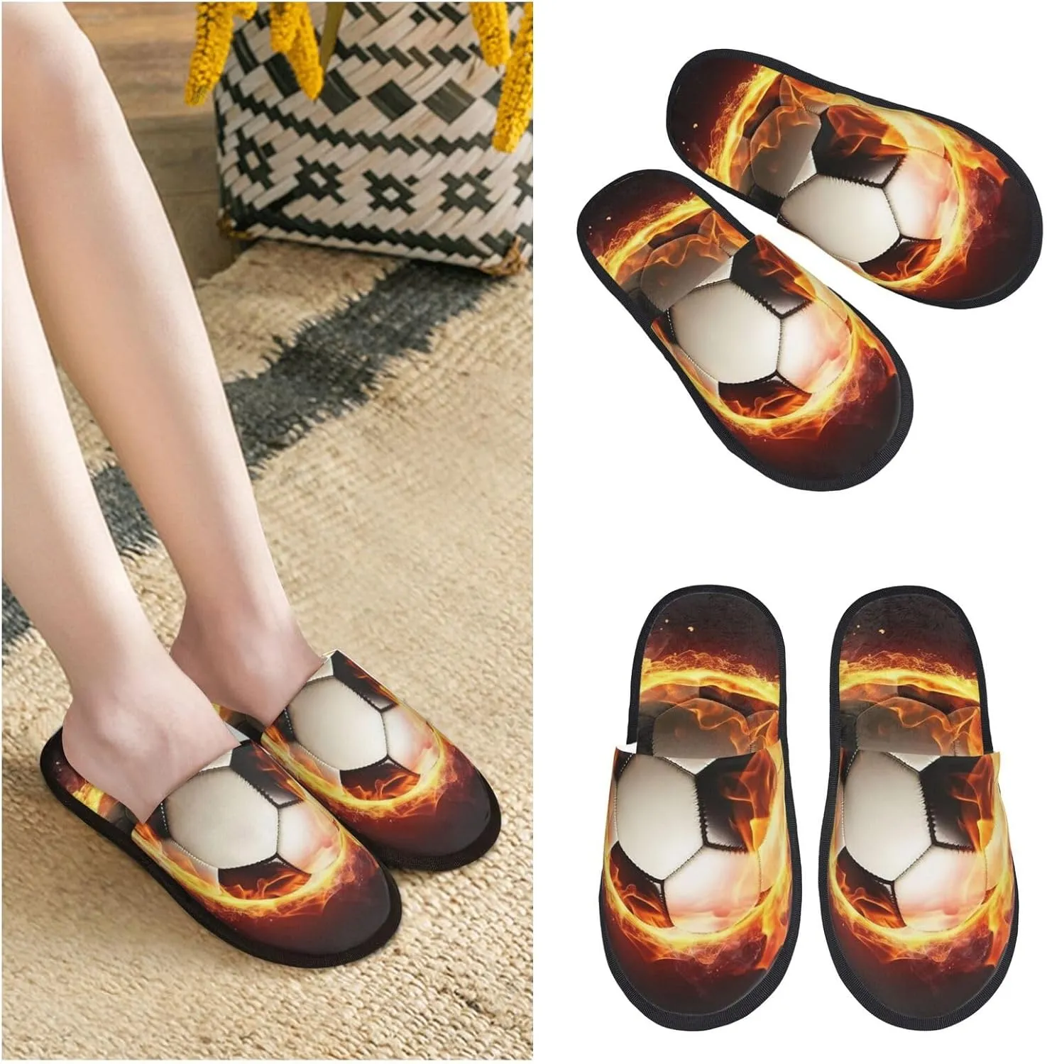 Fire Soccer Ball Women's Fuzzy Slippers Slip-on Slipper Soft Comfy Bedroom Slippers Non-slip House Shoes