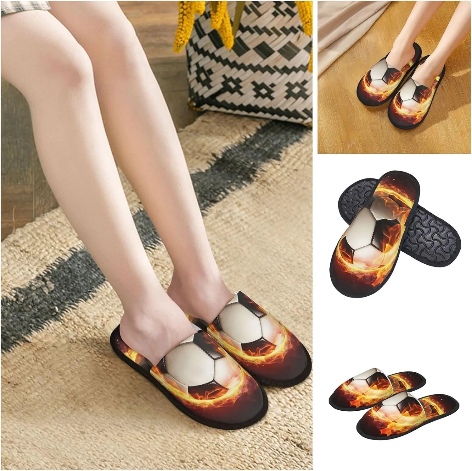 Fire Soccer Ball Women's Fuzzy Slippers Slip-on Slipper Soft Comfy Bedroom Slippers Non-slip House Shoes