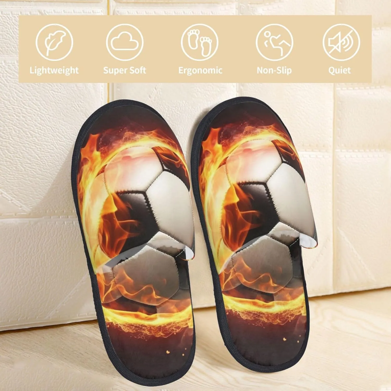 Fire Soccer Ball Women's Fuzzy Slippers Slip-on Slipper Soft Comfy Bedroom Slippers Non-slip House Shoes