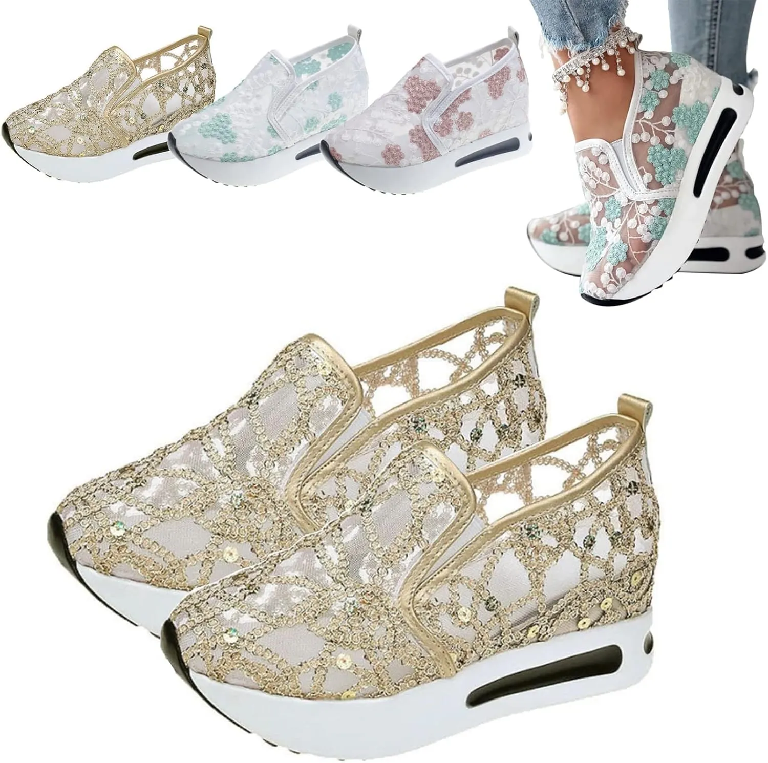 Floral Embroidery Breathable Sheer Mesh Sneakers, 2023 Spring Lace Mesh Casual Shoes, Floral Embroidery Sheer Mesh Sneakers for Women (US 6.5,Gold)