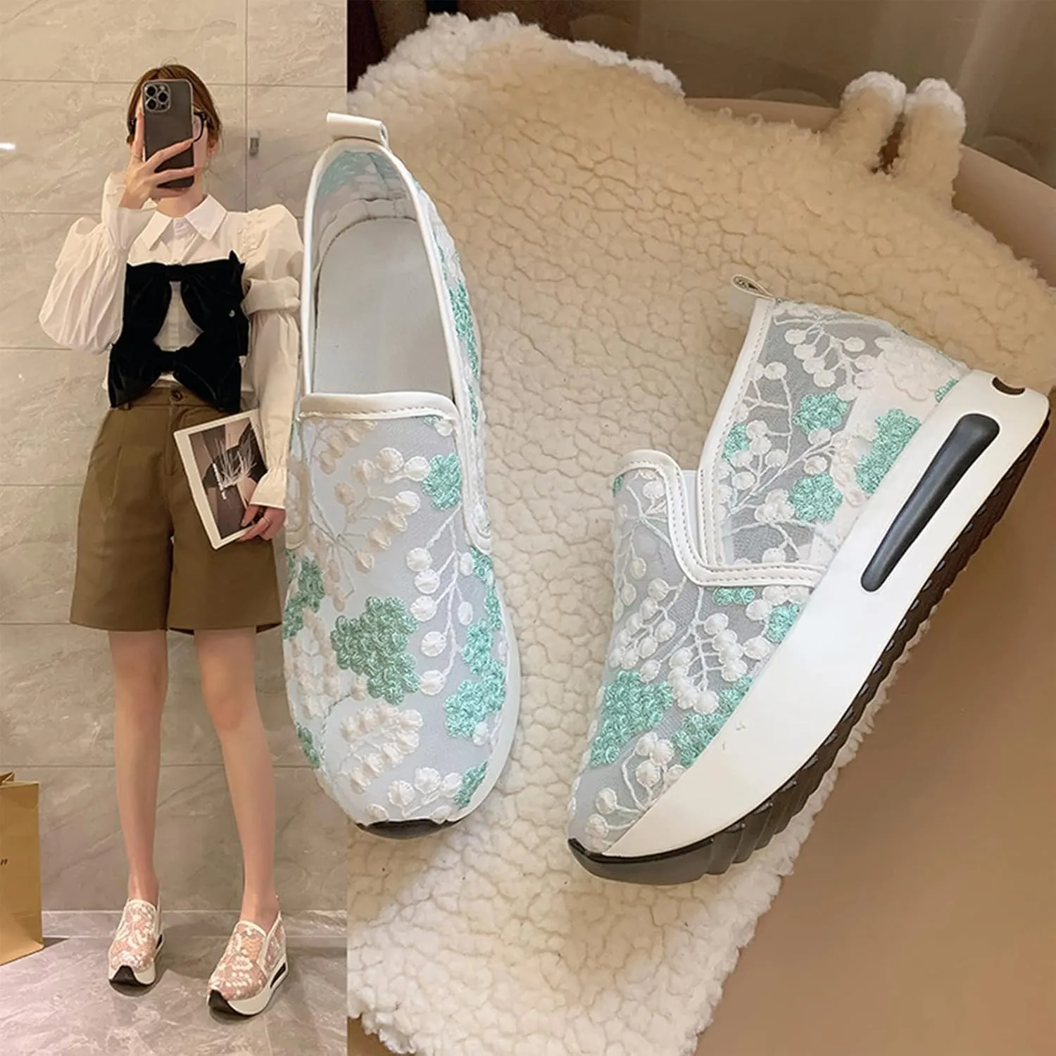 Floral Embroidery Breathable Sheer Mesh Sneakers, 2023 Spring Lace Mesh Casual Shoes, Floral Embroidery Sheer Mesh Sneakers for Women (US 6.5,Gold)