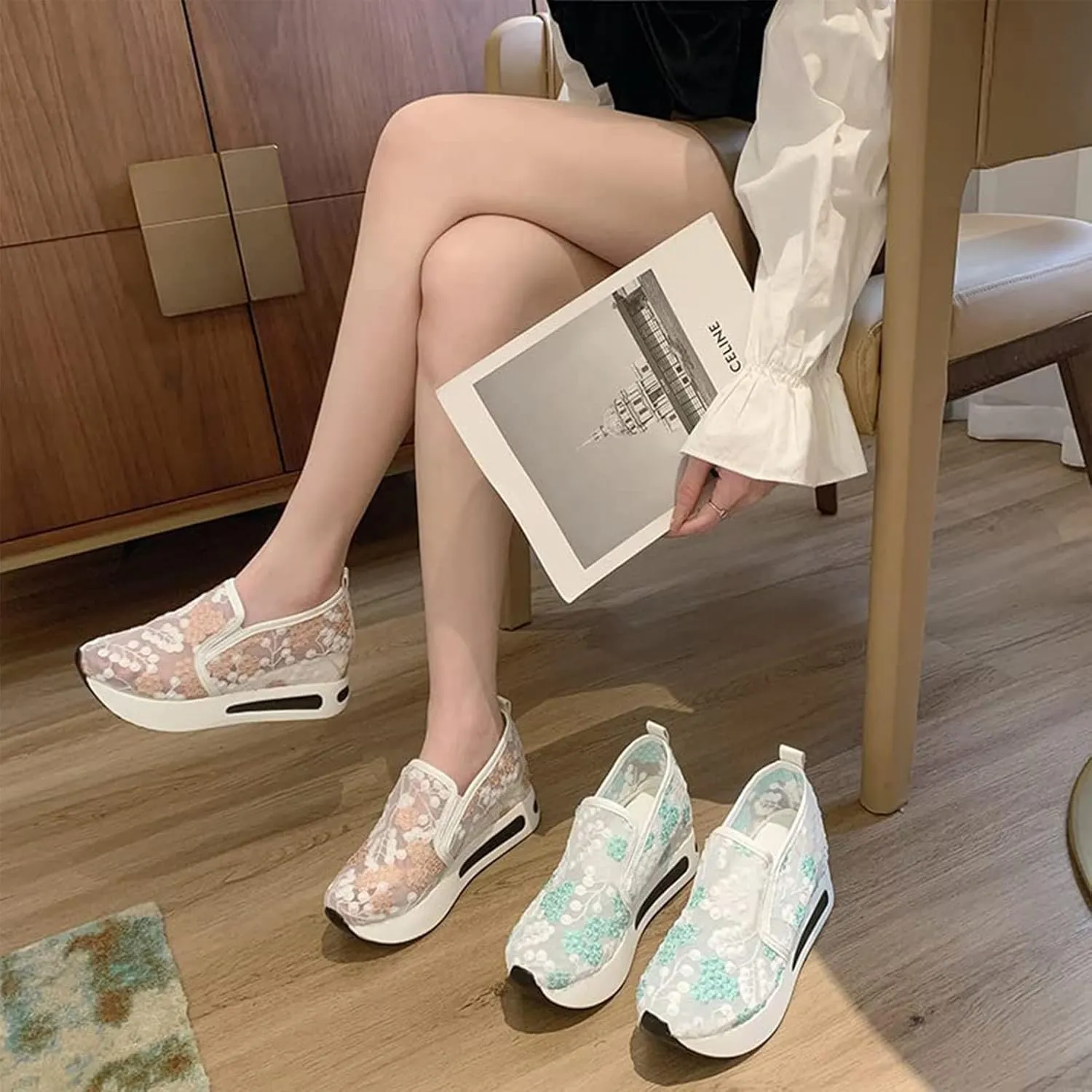Floral Embroidery Breathable Sheer Mesh Sneakers, 2023 Spring Lace Mesh Casual Shoes, Floral Embroidery Sheer Mesh Sneakers for Women (US 6.5,Gold)