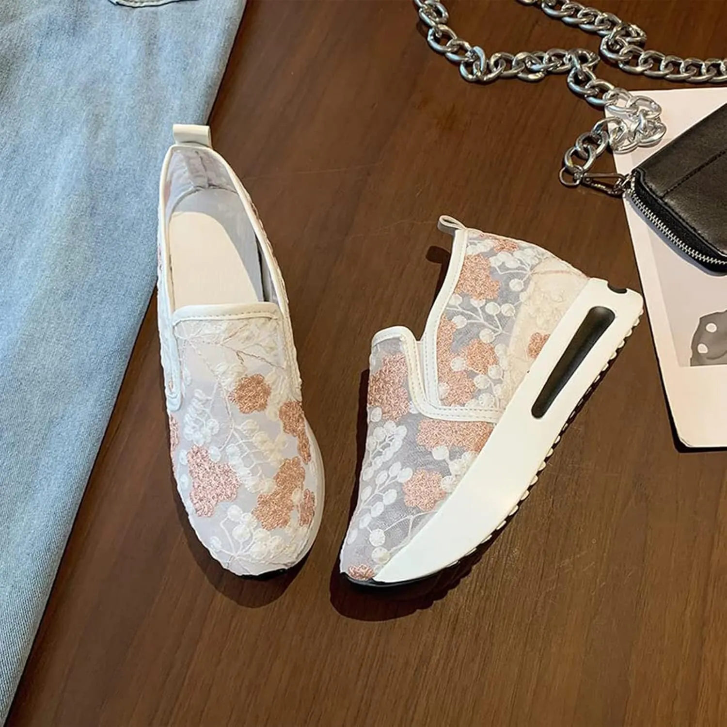 Floral Embroidery Breathable Sheer Mesh Sneakers, 2023 Spring Lace Mesh Casual Shoes, Floral Embroidery Sheer Mesh Sneakers for Women (US 6.5,Gold)