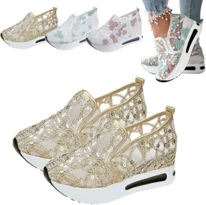 Floral Embroidery Breathable Sheer Mesh Sneakers, 2023 Spring Lace Mesh Casual Shoes, Floral Embroidery Sheer Mesh Sneakers for Women (US 6.5,Gold)