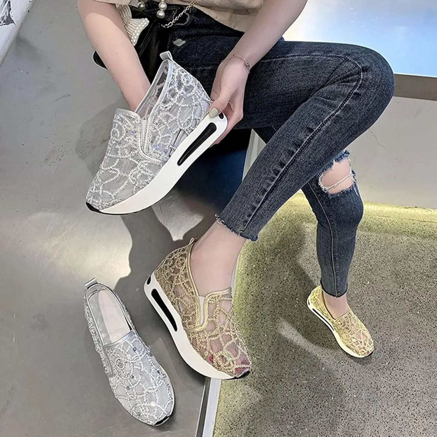 Floral Embroidery Breathable Sheer Mesh Sneakers, 2023 Spring Lace Mesh Casual Shoes, Floral Embroidery Sheer Mesh Sneakers for Women (US 6.5,Gold)
