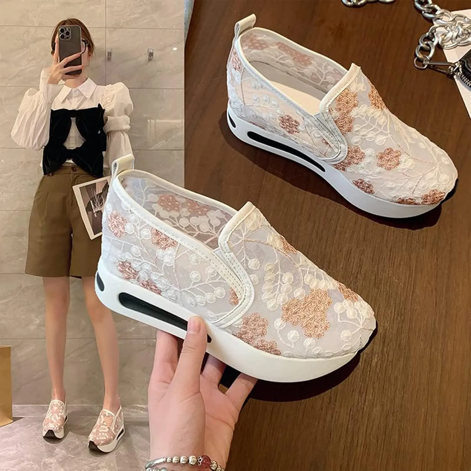 Floral Embroidery Breathable Sheer Mesh Sneakers, 2023 Spring Lace Mesh Casual Shoes, Floral Embroidery Sheer Mesh Sneakers for Women (US 6.5,Gold)