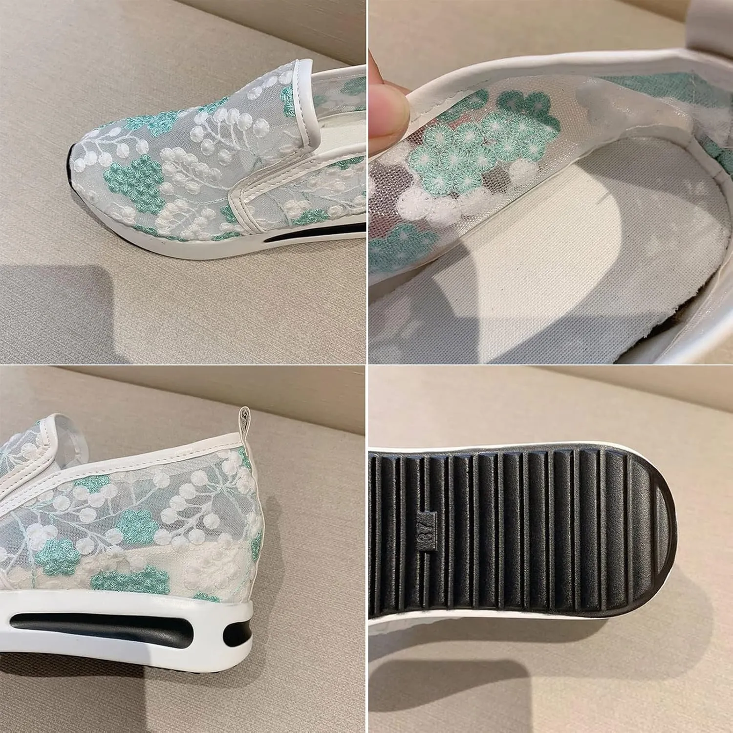 Floral Embroidery Breathable Sheer Mesh Sneakers, 2023 Spring Lace Mesh Casual Shoes, Floral Embroidery Sheer Mesh Sneakers for Women (US 6.5,Gold)