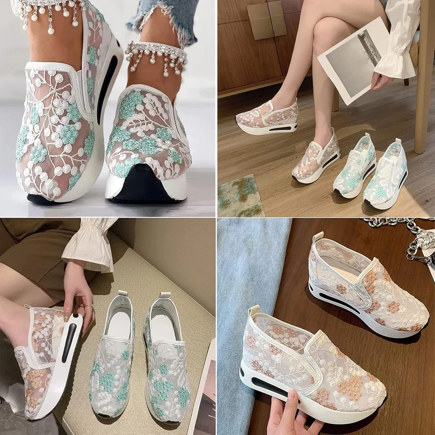 Floral Embroidery Breathable Sheer Mesh Sneakers, 2023 Spring Lace Mesh Casual Shoes, Floral Embroidery Sheer Mesh Sneakers for Women (US 6.5,Gold)