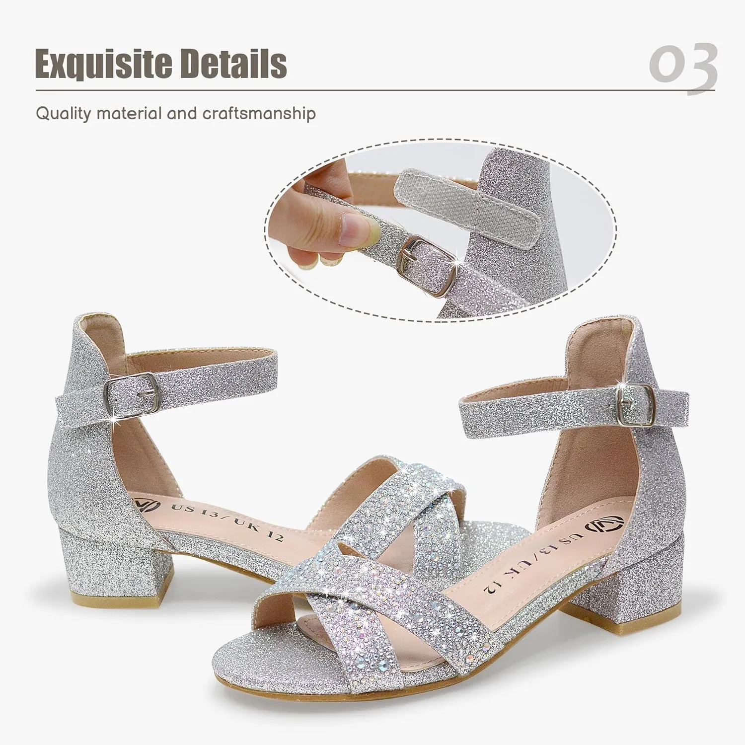 FLYFUPPY Girls Sandals Low Heel Sandals for Girls Open Toe Ankle Strap Wedding Party Shoes