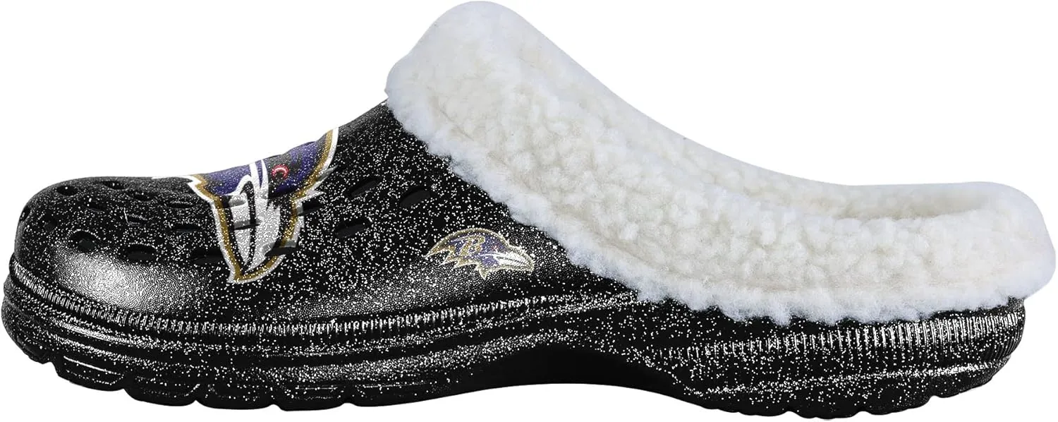 FOCO Women's NFL Team Logo Sherpa Lined Glitter Shoes Slipper Clogs