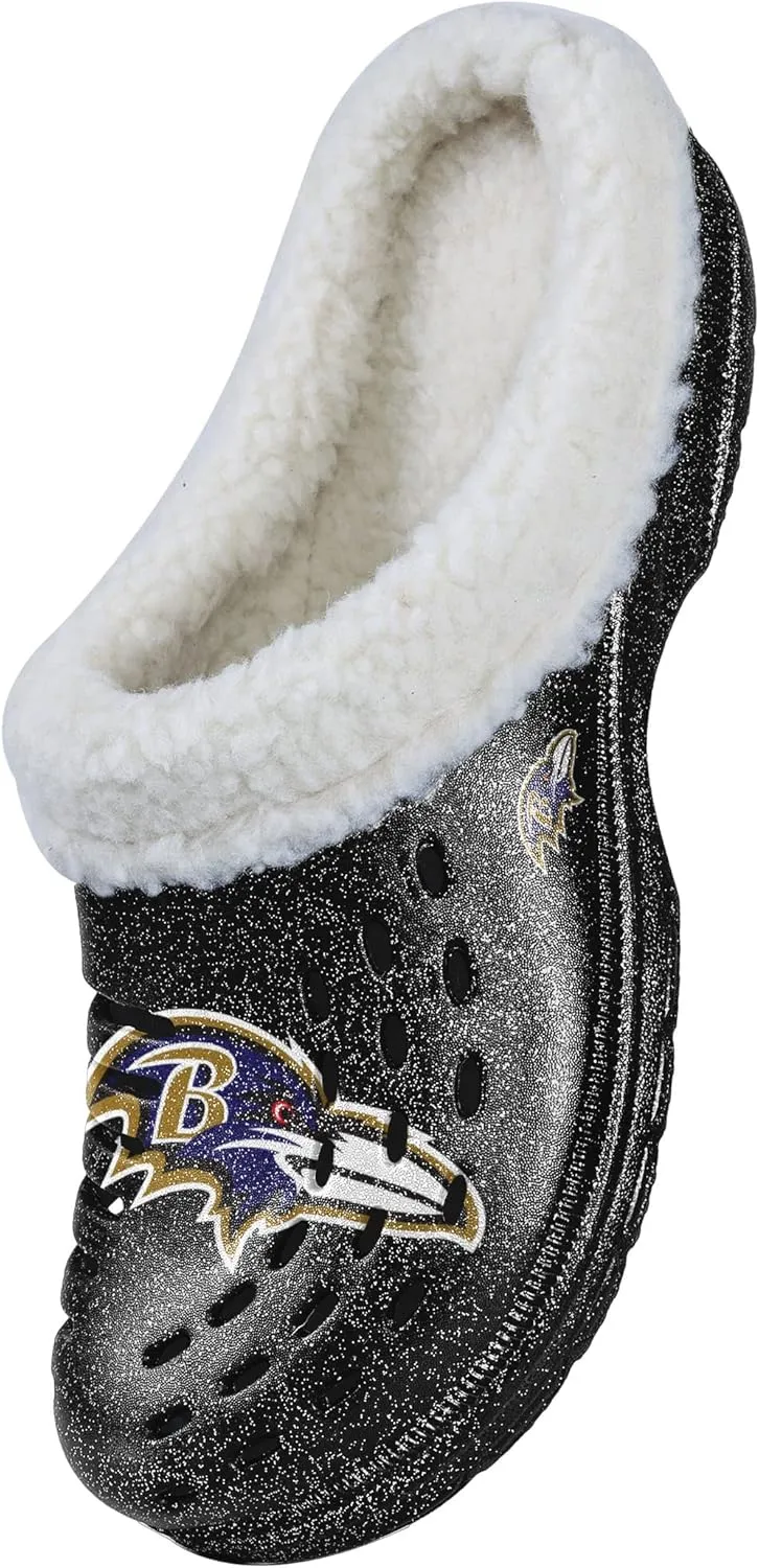FOCO Women's NFL Team Logo Sherpa Lined Glitter Shoes Slipper Clogs