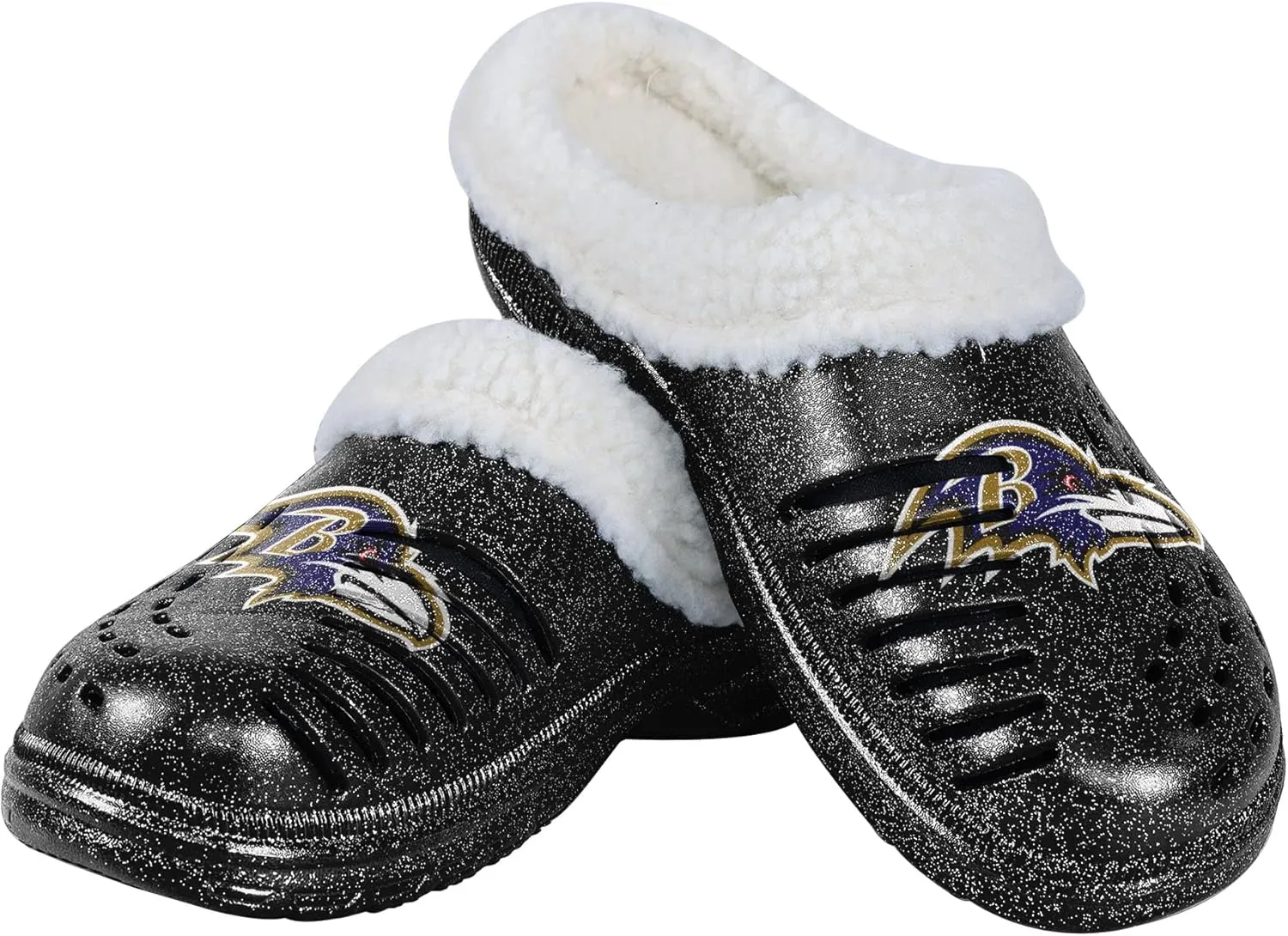 FOCO Women's NFL Team Logo Sherpa Lined Glitter Shoes Slipper Clogs