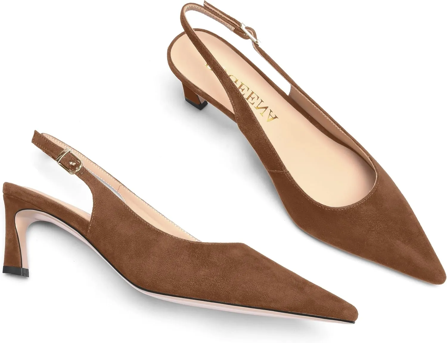 FOGEENA Womens Ankle Strap Night Club Pointed Toe Buckle Cute Suede Kitten Leather Low Heel Pumps Shoes 2 Inch