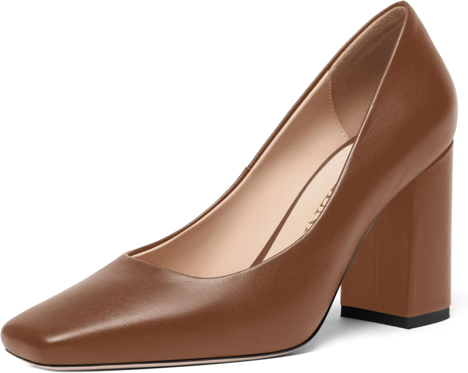 FOGEENA Womens Casual Square Toe Business Slip On Matte Leather Block High Heel Pumps Shoes 3.34 Inch
