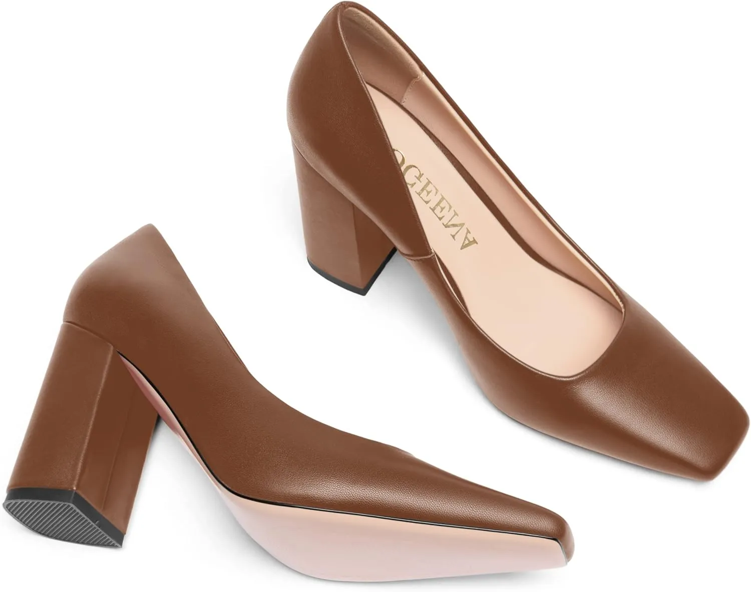 FOGEENA Womens Casual Square Toe Business Slip On Matte Leather Block High Heel Pumps Shoes 3.34 Inch