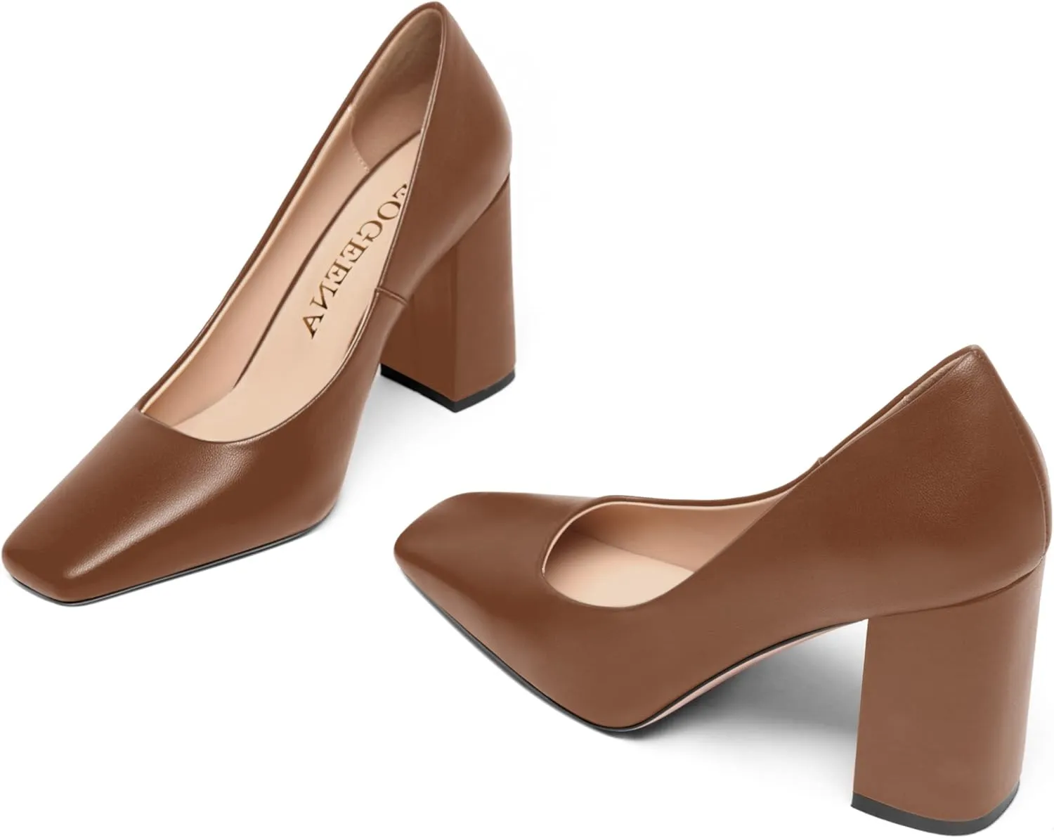 FOGEENA Womens Casual Square Toe Business Slip On Matte Leather Block High Heel Pumps Shoes 3.34 Inch