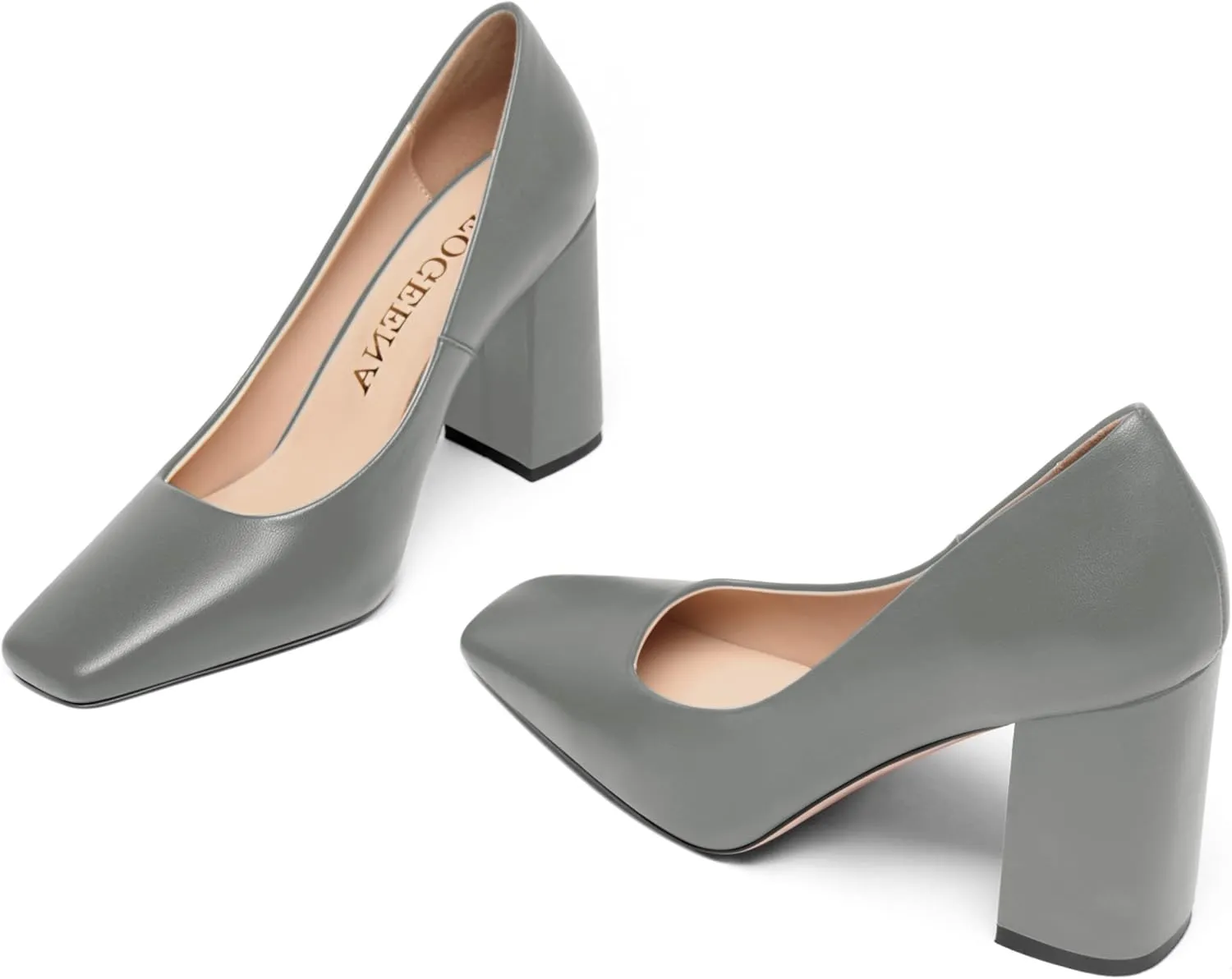 FOGEENA Womens Casual Square Toe Business Slip On Matte Leather Block High Heel Pumps Shoes 3.34 Inch