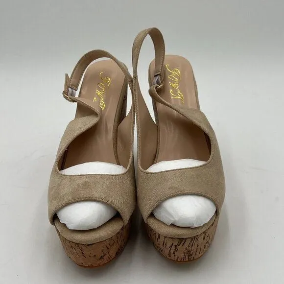 FOWT Apricot Peep Toe Slingback Platform Wedge High Heel Buckle Open Toe Sandals