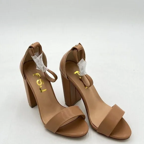 FSJ Brown Chunky High Heel Sandals Open Toe Ankle Strap Single Band Dress Shoe
