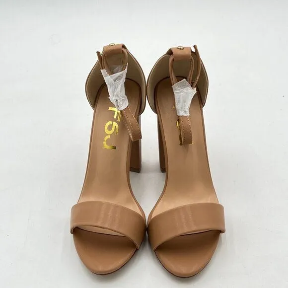 FSJ Brown Chunky High Heel Sandals Open Toe Ankle Strap Single Band Dress Shoe