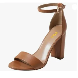 FSJ Brown Chunky High Heel Sandals Open Toe Ankle Strap Single Band Dress Shoe