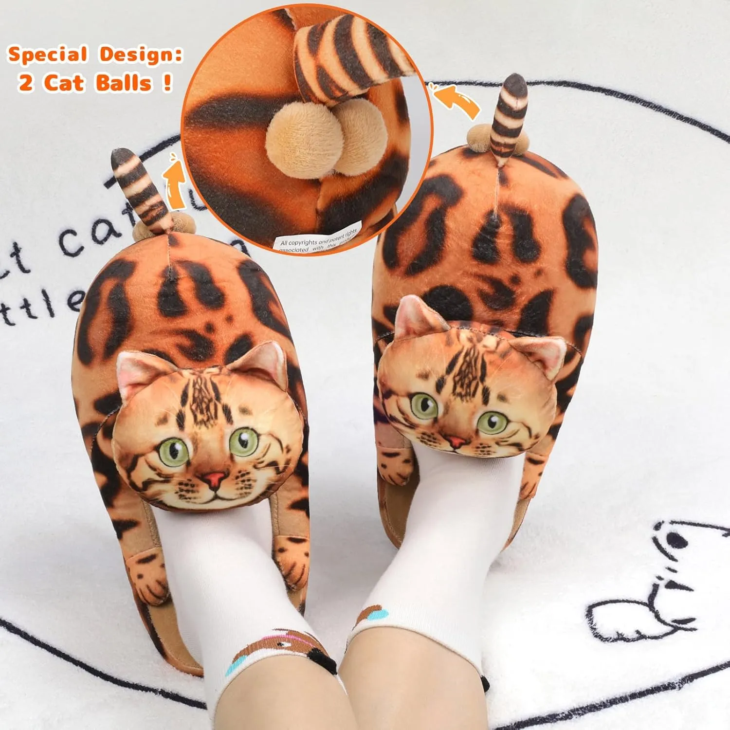 Funny Cat Slippers for Women,Fuzzy Animal Indoor House Shoes with Soft Memory Foam,Comfy Plush Warm Slip-on Slippers,Cat Gifts for Cat Lover