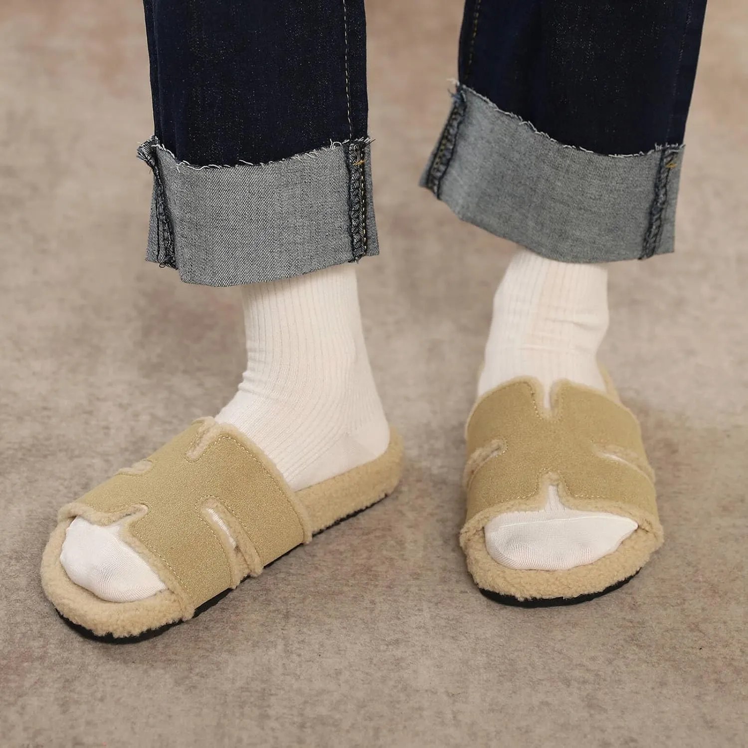 Fuzzy Slippers Women Genuine Suede Slippers for Women Indoor and Outdoor H Slipper Fur Faux Shearling Memory Foam House Slippers Open Toe