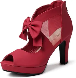 GATUXUS Open Toe Women Platform High Heel Shoes Bows Strappy Sandals