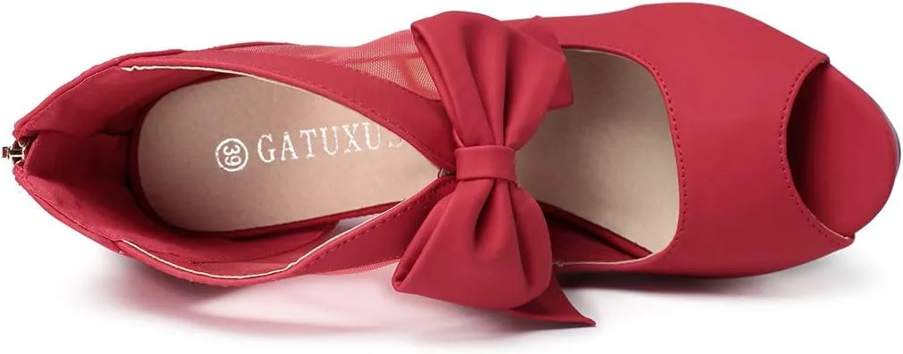 GATUXUS Open Toe Women Platform High Heel Shoes Bows Strappy Sandals