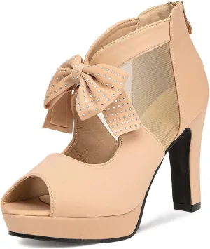 GATUXUS Open Toe Women Platform High Heel Shoes Bows Strappy Sandals