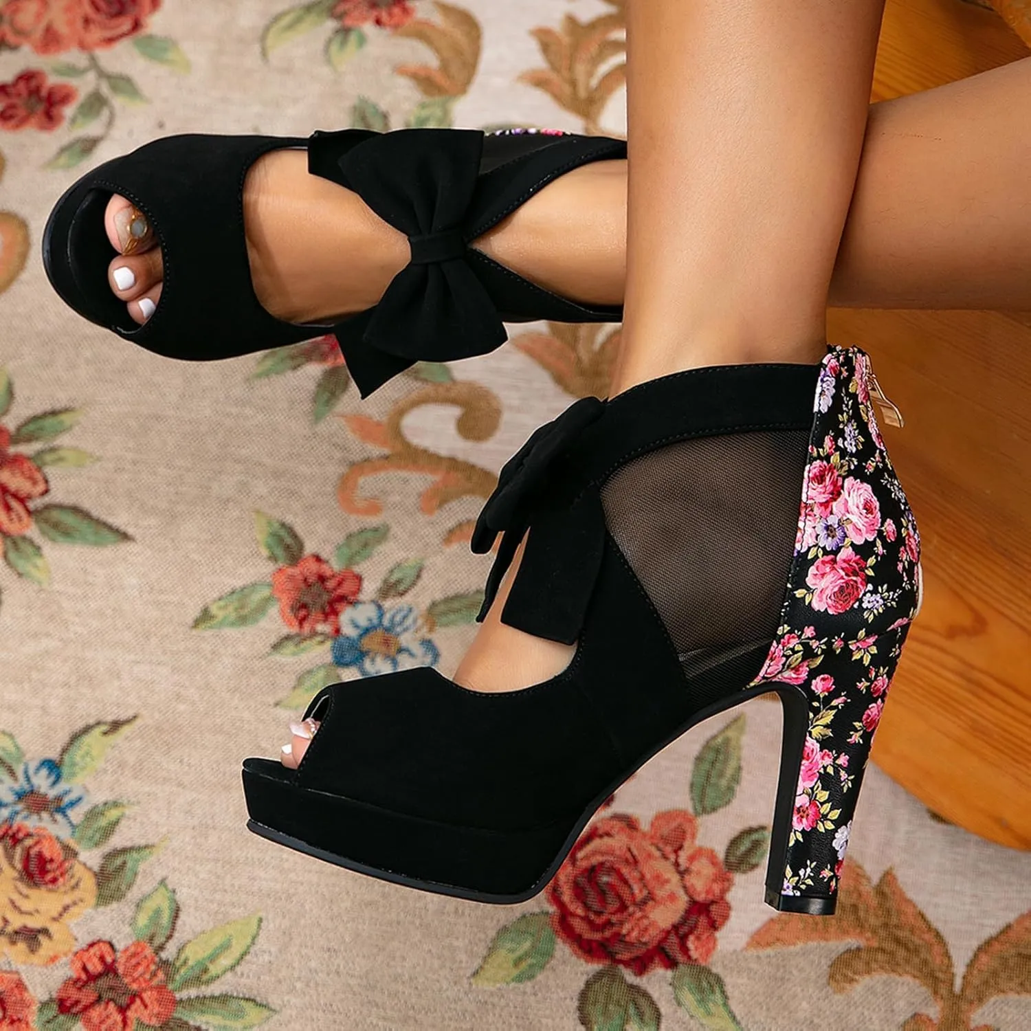GATUXUS Open Toe Women Platform High Heel Shoes Bows Strappy Sandals