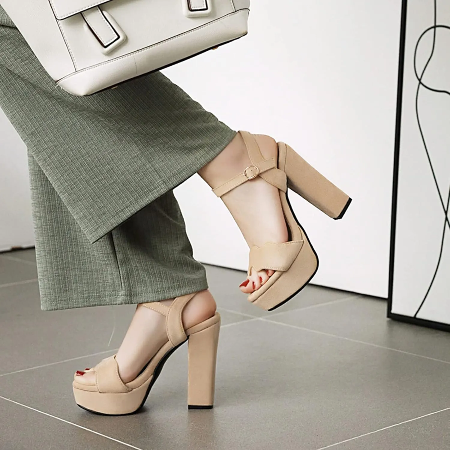 Gicoiz Suede Block Heels Women Open Toe Platform Sandals