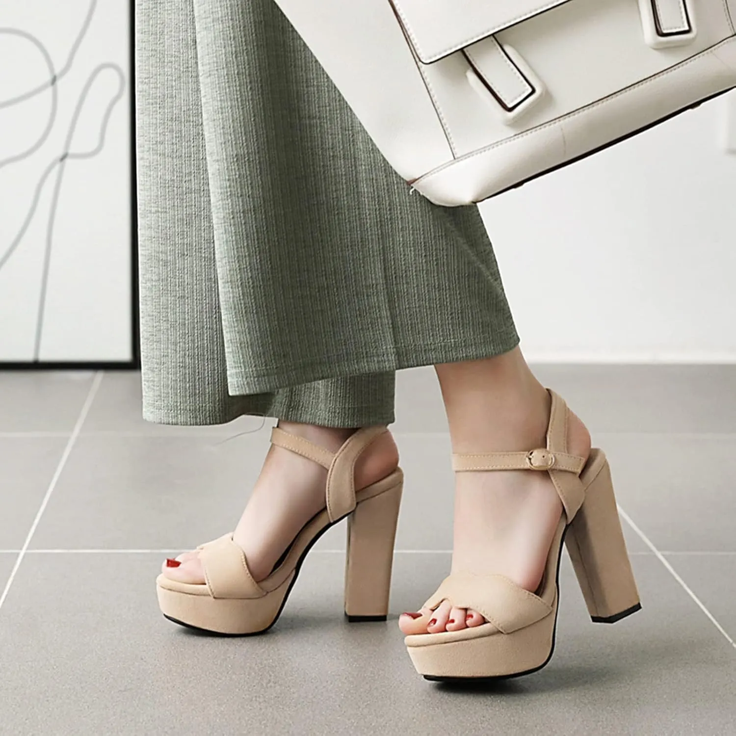 Gicoiz Suede Block Heels Women Open Toe Platform Sandals